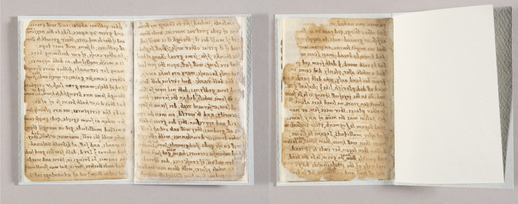 Left: Handwritten manuscript page from Bradford’s Observations reinforced with thin Japanese paper. 
Right: Two handwritten manuscript pages from Bradford’s Observations reinforced with thin Japanese paper. 