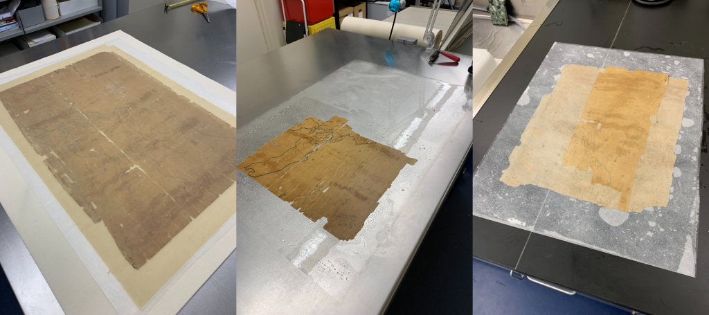 Left: Backside of the wet map placed between transparent mylar sheets to flatten it.
Middle: Front side of wet map placed between transparent mylar sheets.
Right: Backside of wet map mounted on thin Japanese paper to fix the tears and holes.